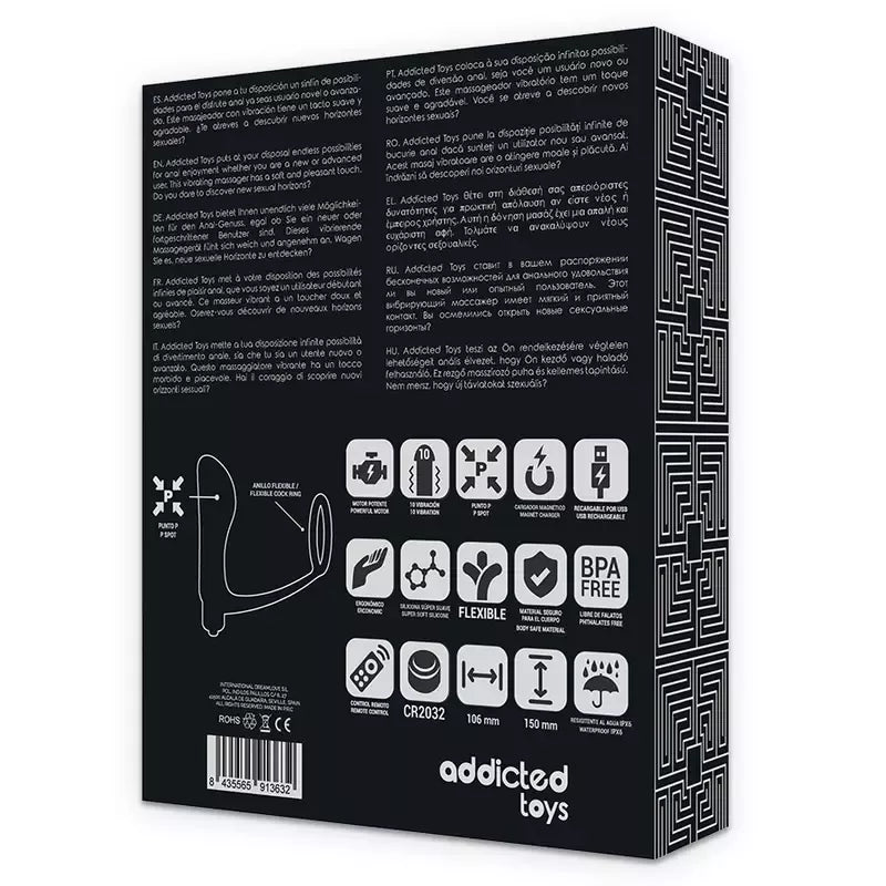 Addicted Toys Black įkraunamas analinio kaiščio ir žiedo rinkinys su nuotolinio valdymo pulteliu