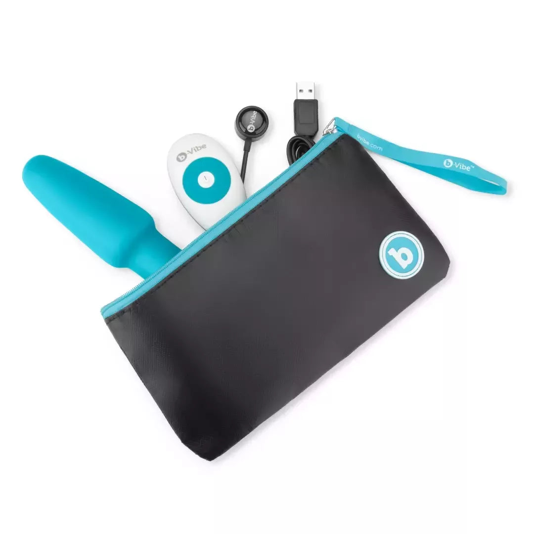 b-Vibe Rimming Plug 2 Teal – besisukantys karoliukai ir nuotolinis valdymas, 15,2 cm silikoninis