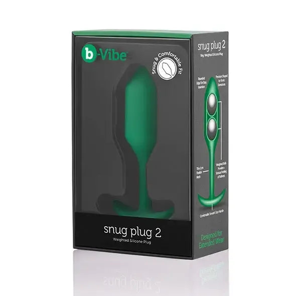 b-Vibe Snug Plug 2 žalias pasunkintas silikoninis intymus treniruoklis 114g 3x11.4cm