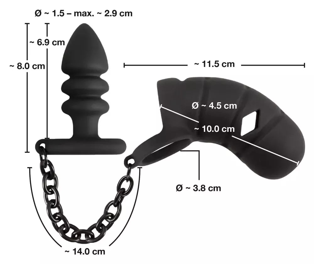 „Black Velvets“ silikoninis intymus narvelių rinkinys su rifliuotu kaiščiu ir grandinėle, 11,5 cm