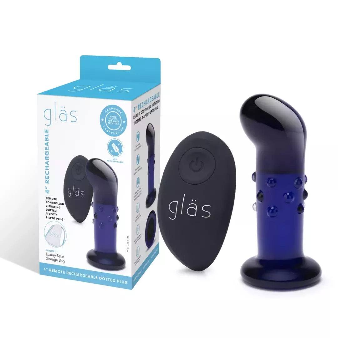 „Glas Vibrating 4” Dotted Plug“ su pulteliu – stiklinis, įkraunamas, mėlynas