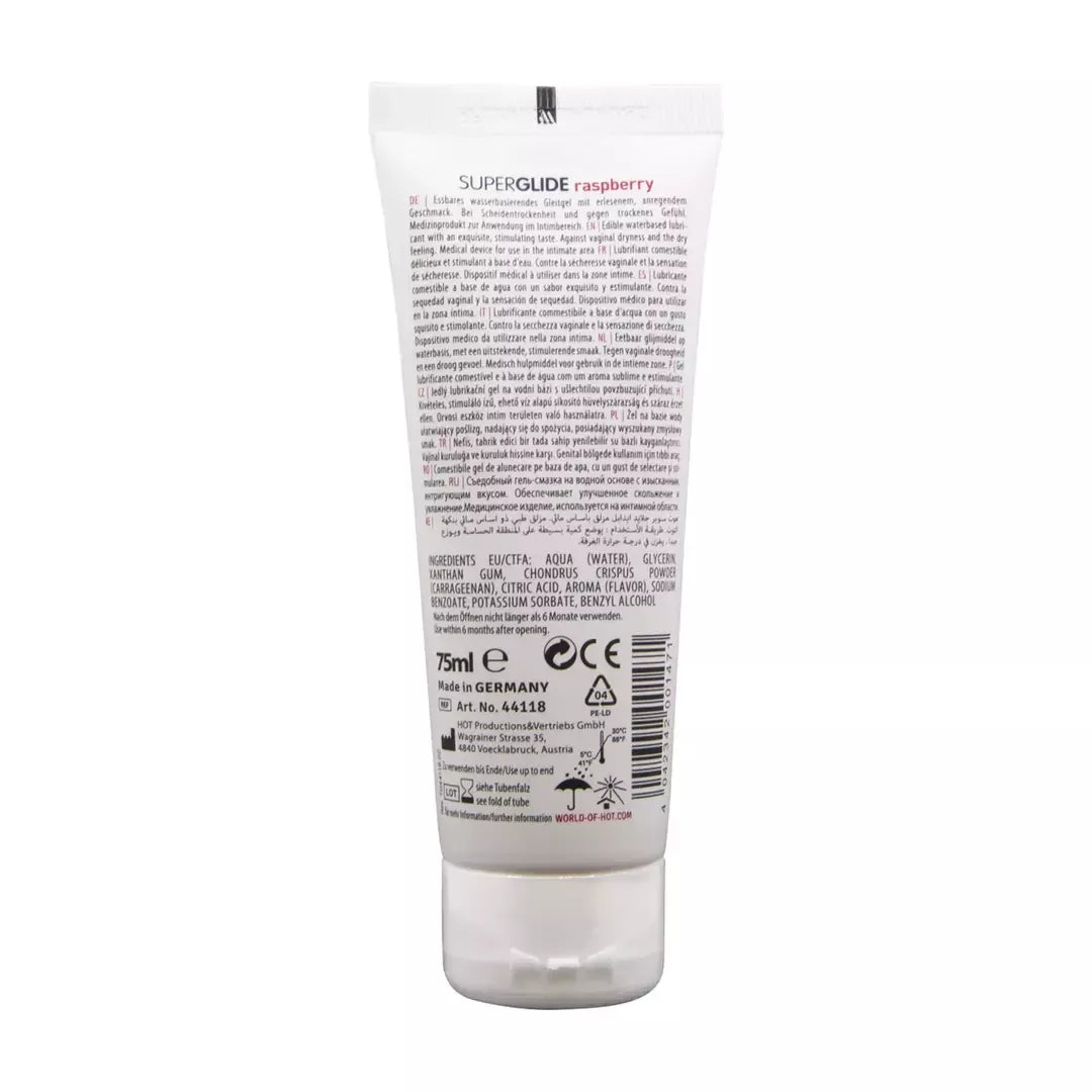 HOT Superglide vandens pagrindu pagamintas valgomas aviečių skonio lubrikantas 75ml