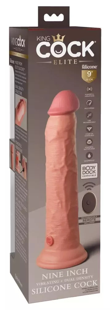 King Cock Elite 9" dvigubo tankio silikoninis vibratorius su nuotolinio valdymo pulteliu, smėlio spalvos