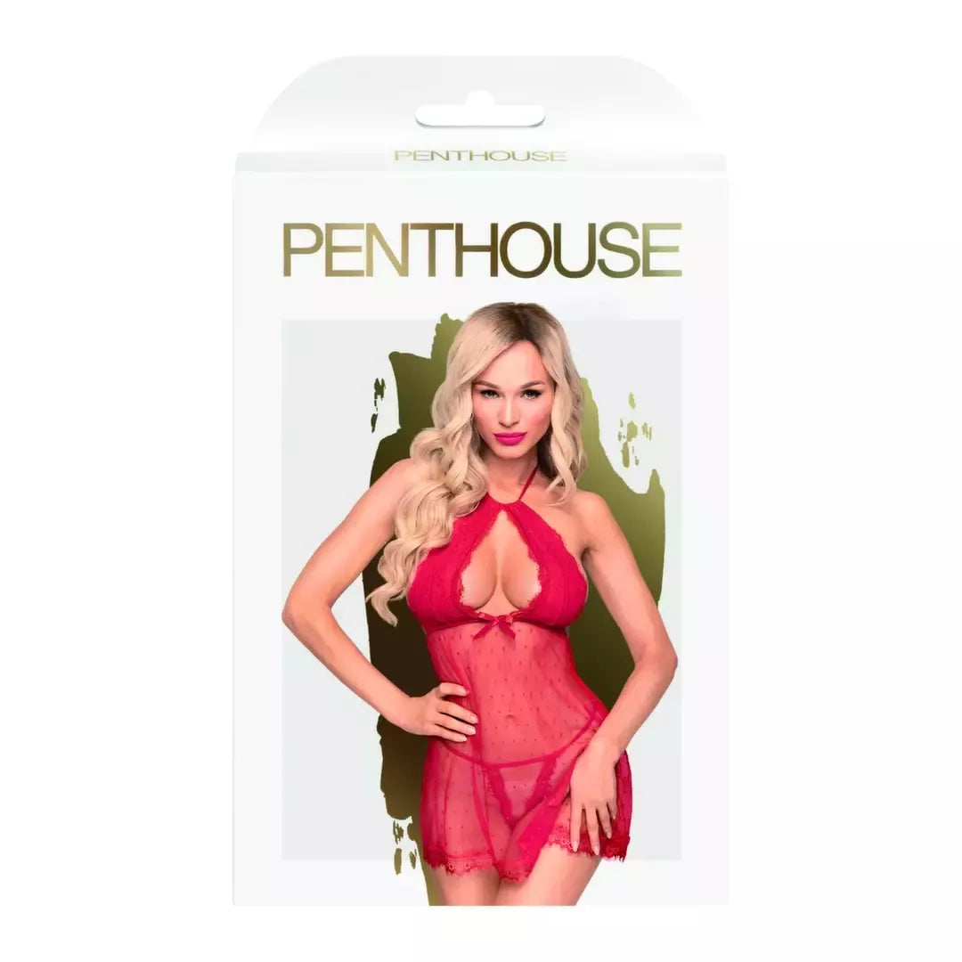 Penthouse Libido Boost raudonas babydoll tipo apatinių komplektas M/L – elegantiškas tinklelio dizainas