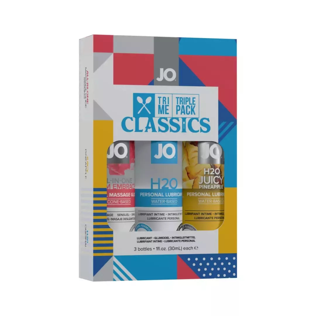 System JO Tri Me Classics dovanų rinkinys 3 x 30 ml – vandens pagrindo, silikoninis ir aromatizuotas rinkinys