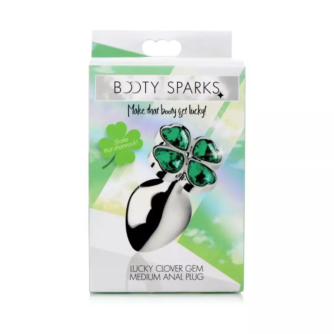 Vidutinio dydžio metalinis analinis kamštis XR Brands Lucky Clover su žaliu brangakmeniu, sidabrinės spalvos