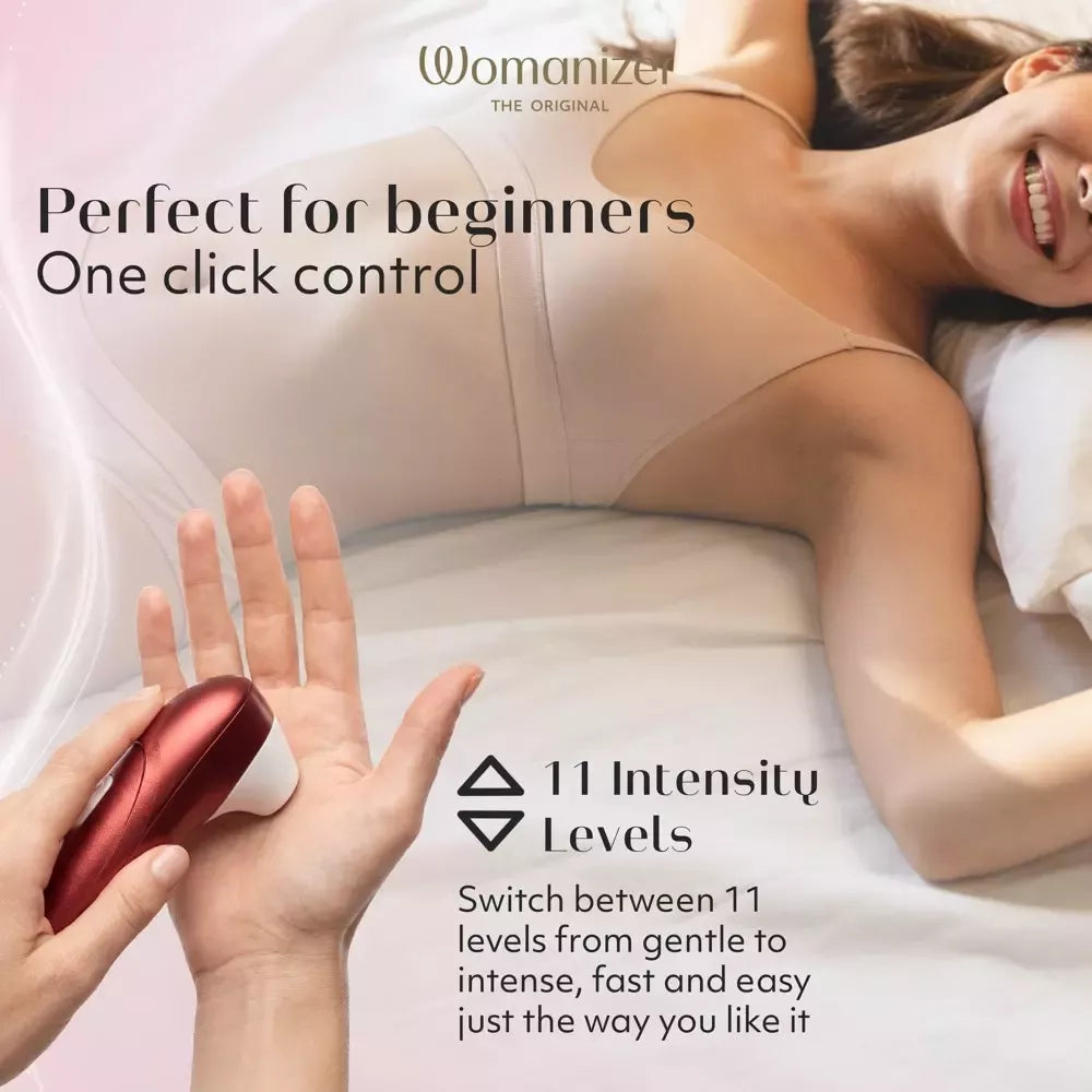 Womanizer Pro Red – kompaktiškas oro technologijos stimuliatorius, 11 lygių, atsparus vandeniui