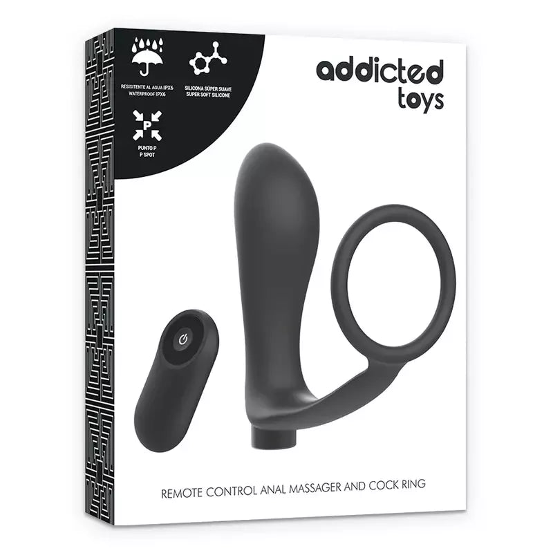 Addicted Toys Black įkraunamas analinio kaiščio ir žiedo rinkinys su nuotolinio valdymo pulteliu