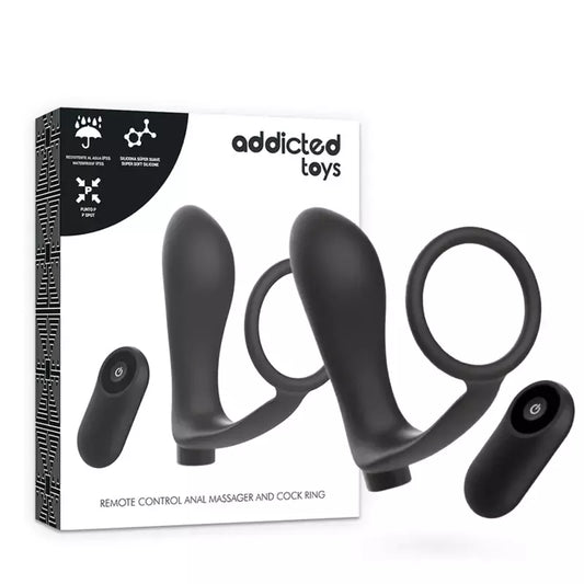 Addicted Toys Black įkraunamas analinio kaiščio ir žiedo rinkinys su nuotolinio valdymo pulteliu