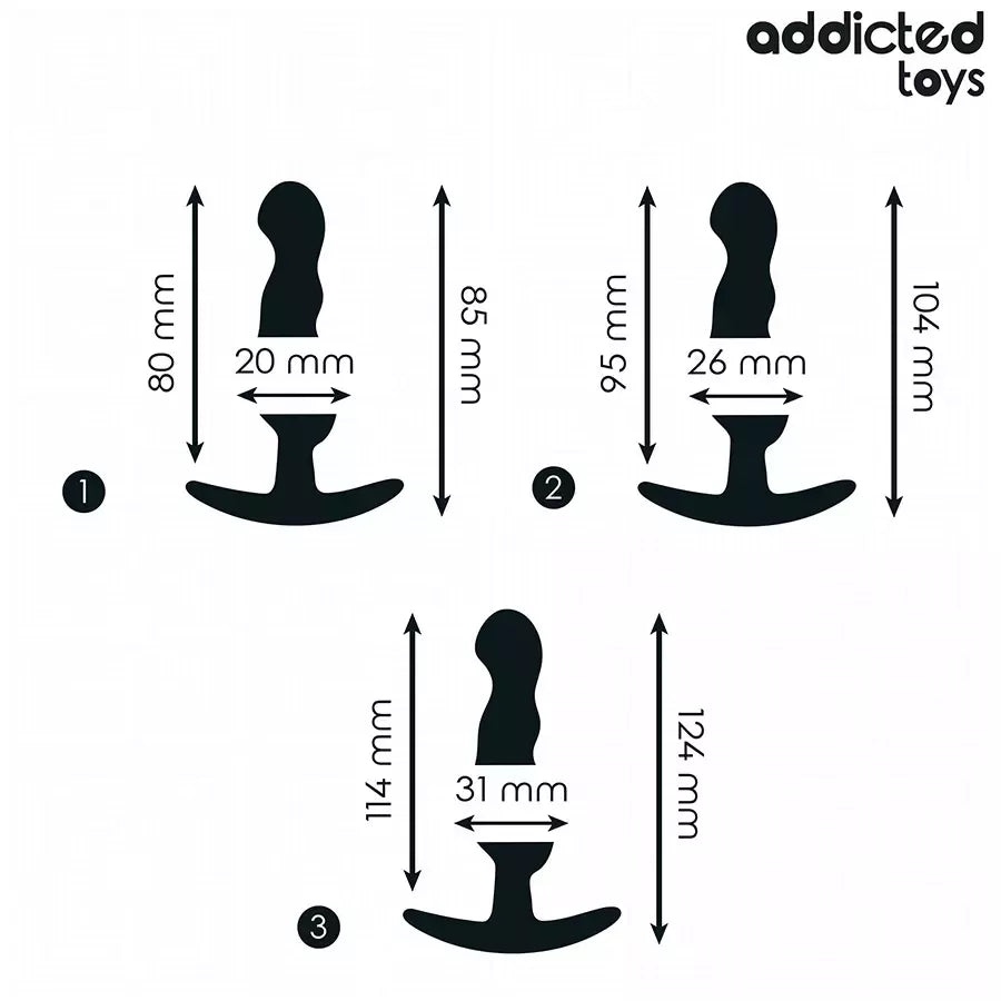 ADDICTED Toys silikoninių kištukų (plug) rinkinys, 1 modelis – 3 dydžiai, ergonomiškas dizainas