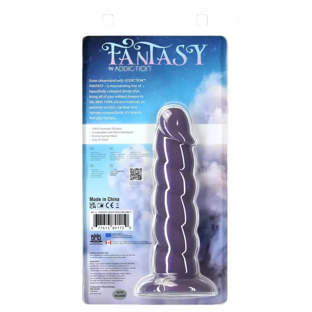 Addiction Fantasy 18 cm vienaragio modelis, violetinis, silikoninis, su siurbtuku