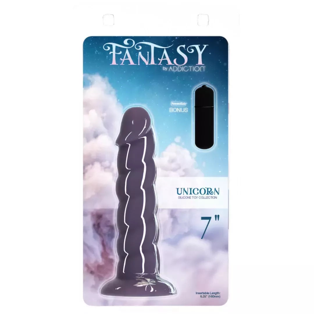 Addiction Fantasy 18 cm vienaragio modelis, violetinis, silikoninis, su siurbtuku