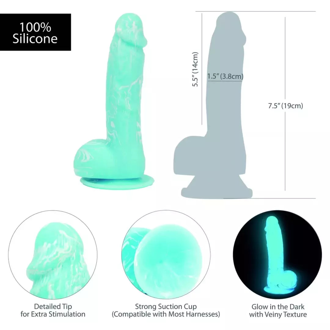 Addiction Luke 19 cm tamsoje šviečiantis mėlynas silikoninis modelis su vakuuminu pagrindu