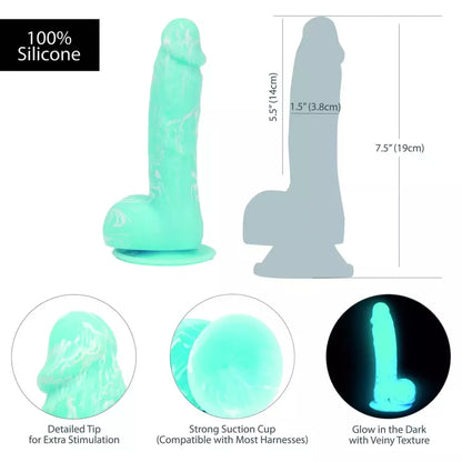 Addiction Luke 19 cm tamsoje šviečiantis mėlynas silikoninis modelis su vakuuminu pagrindu