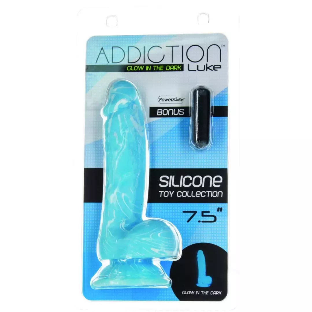 Addiction Luke 19 cm tamsoje šviečiantis mėlynas silikoninis modelis su vakuuminu pagrindu