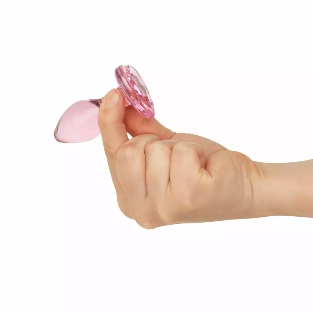 Anal Collection Glass Plug mažas rožinis 7 cm, širdelės formos pagrindas