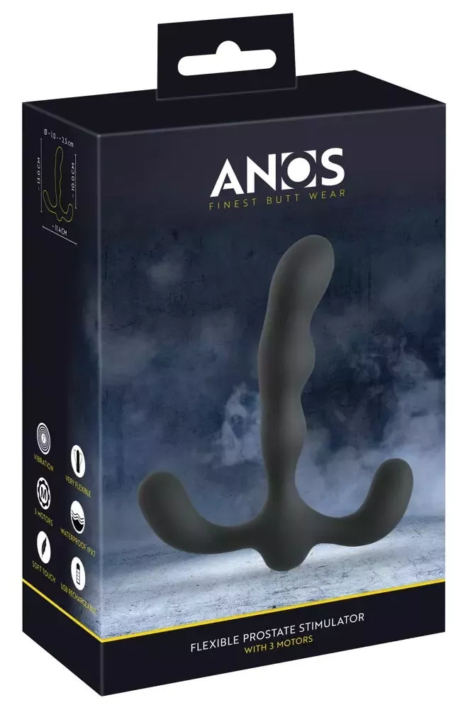 ANOS prostatos stimuliatorius su 3 varikliais, silikoninis, atsparus vandeniui, 13 cm, juodas