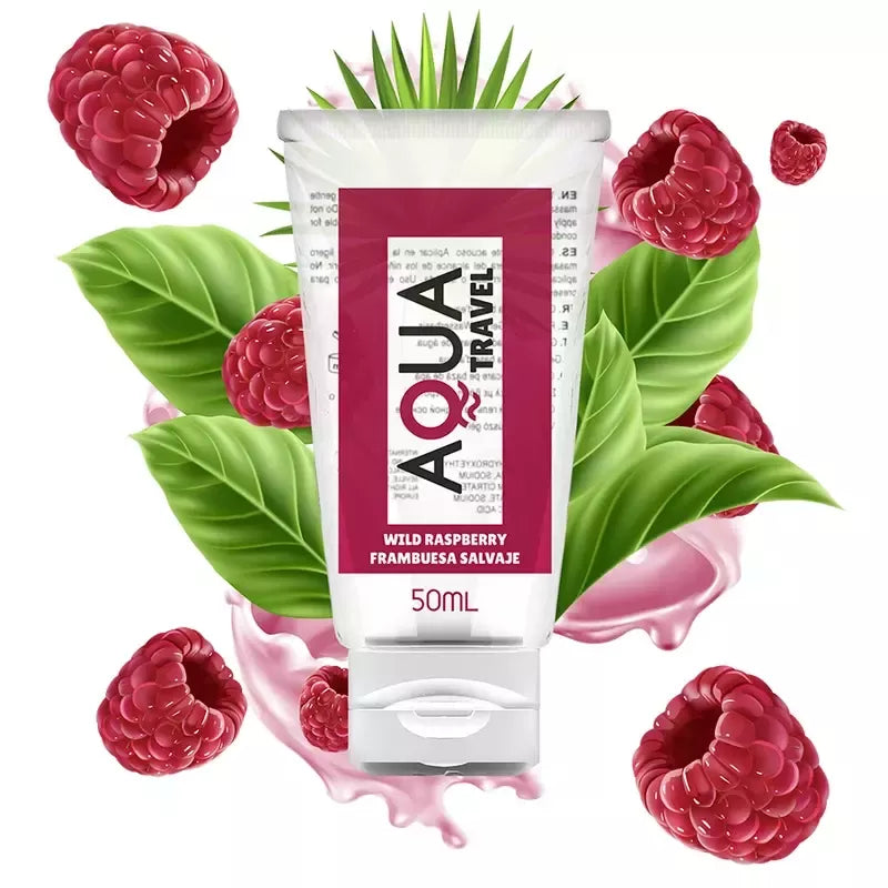 AQUA TRAVEL Wild Raspberry vandens pagrindo lubrikantas 50ml – kompaktiškas dydis