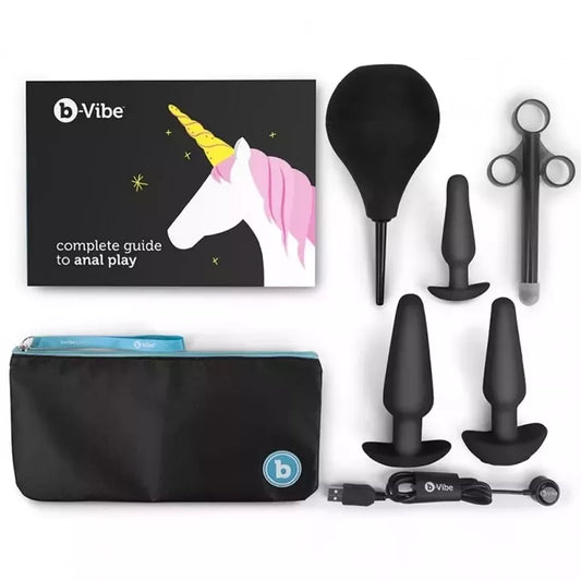 b-Vibe analinio lavinimo rinkinys, juodas – 7 dalių silikoninis komplektas su krepšiu