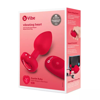 b-Vibe Heart Vibrating Remote Plug M/L raudonas – 15 režimų, silikoninis, USB