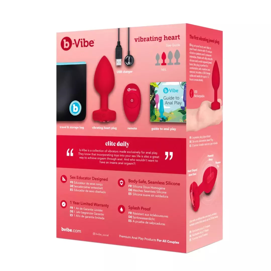 b-Vibe Heart Vibrating Remote Plug M/L raudonas – 15 režimų, silikoninis, USB