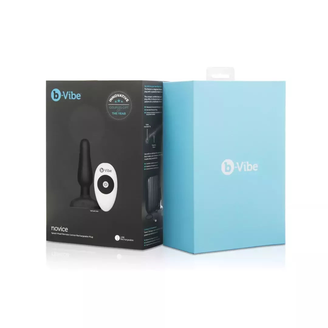 b-Vibe Novice Plug Black – kompaktiškas įkraunamas silikoninis modelis su nuotolinio valdymo pultu