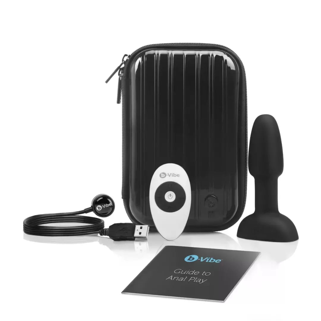 b-Vibe Rimming Petite Black intymus besisukantis kamštis 12,5 cm su nuotolinio valdymo pultu
