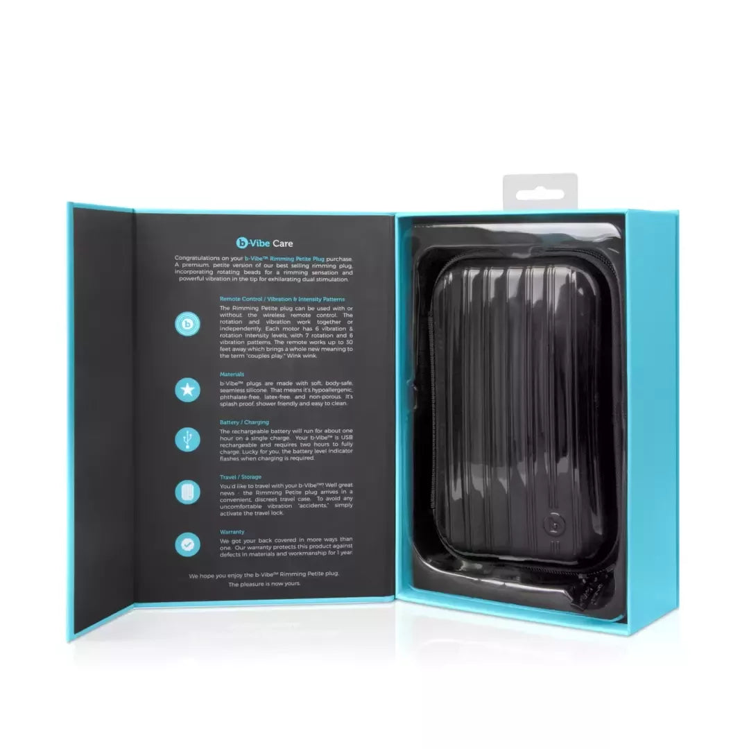 b-Vibe Rimming Petite Black intymus besisukantis kamštis 12,5 cm su nuotolinio valdymo pultu