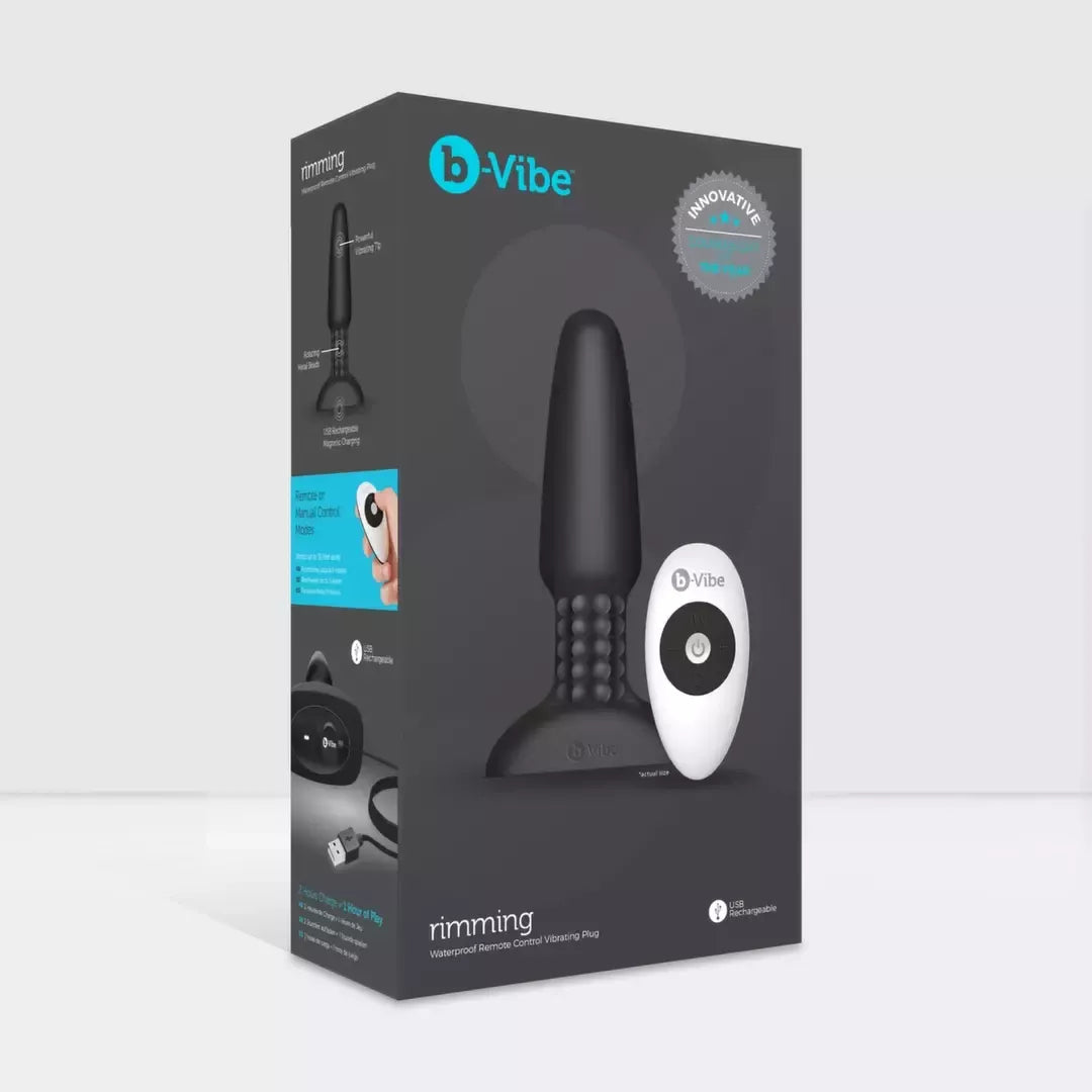 b-Vibe Rimming Plug 2 Black – besisukantys rutuliukai, vibruojantis antgalis, 15,2 cm