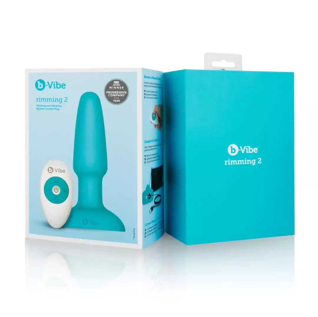 b-Vibe Rimming Plug 2 Teal – besisukantys karoliukai ir nuotolinis valdymas, 15,2 cm silikoninis