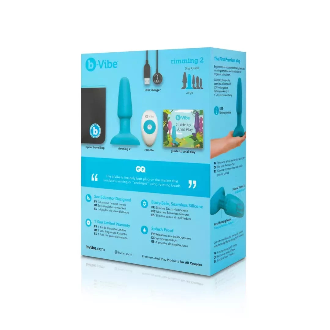 b-Vibe Rimming Plug 2 Teal – besisukantys karoliukai ir nuotolinis valdymas, 15,2 cm silikoninis