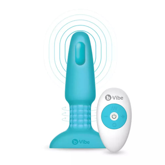 b-Vibe Rimming Plug 2 Teal – besisukantys karoliukai ir nuotolinis valdymas, 15,2 cm silikoninis