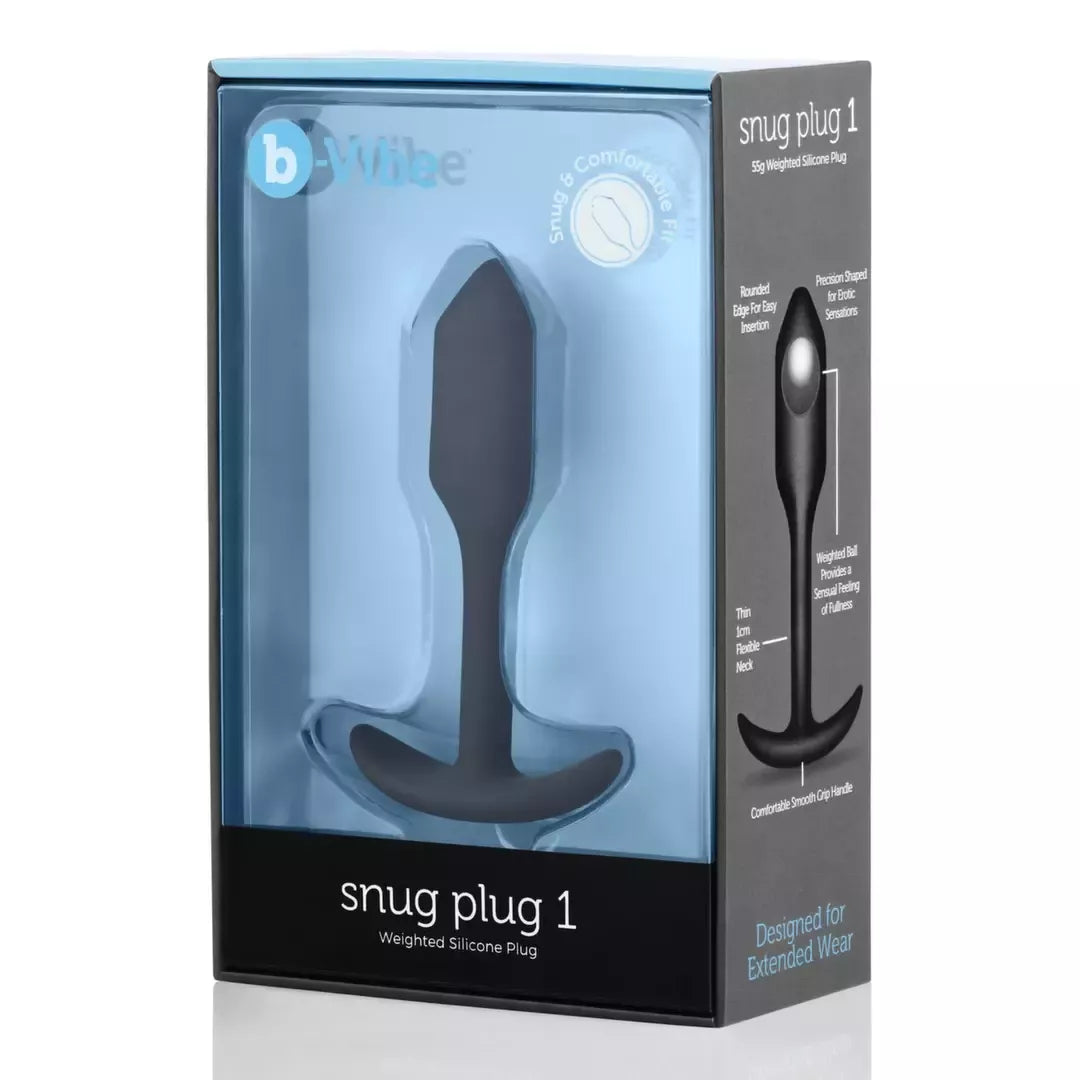 b-Vibe Snug Plug 1 Black – kompaktiškas, svorį turintis silikoninis intymus kaištis