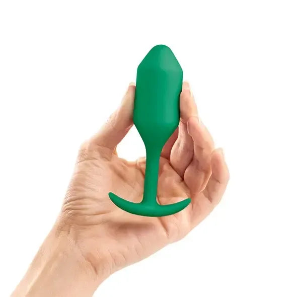 b-Vibe Snug Plug 2 žalias pasunkintas silikoninis intymus treniruoklis 114g 3x11.4cm