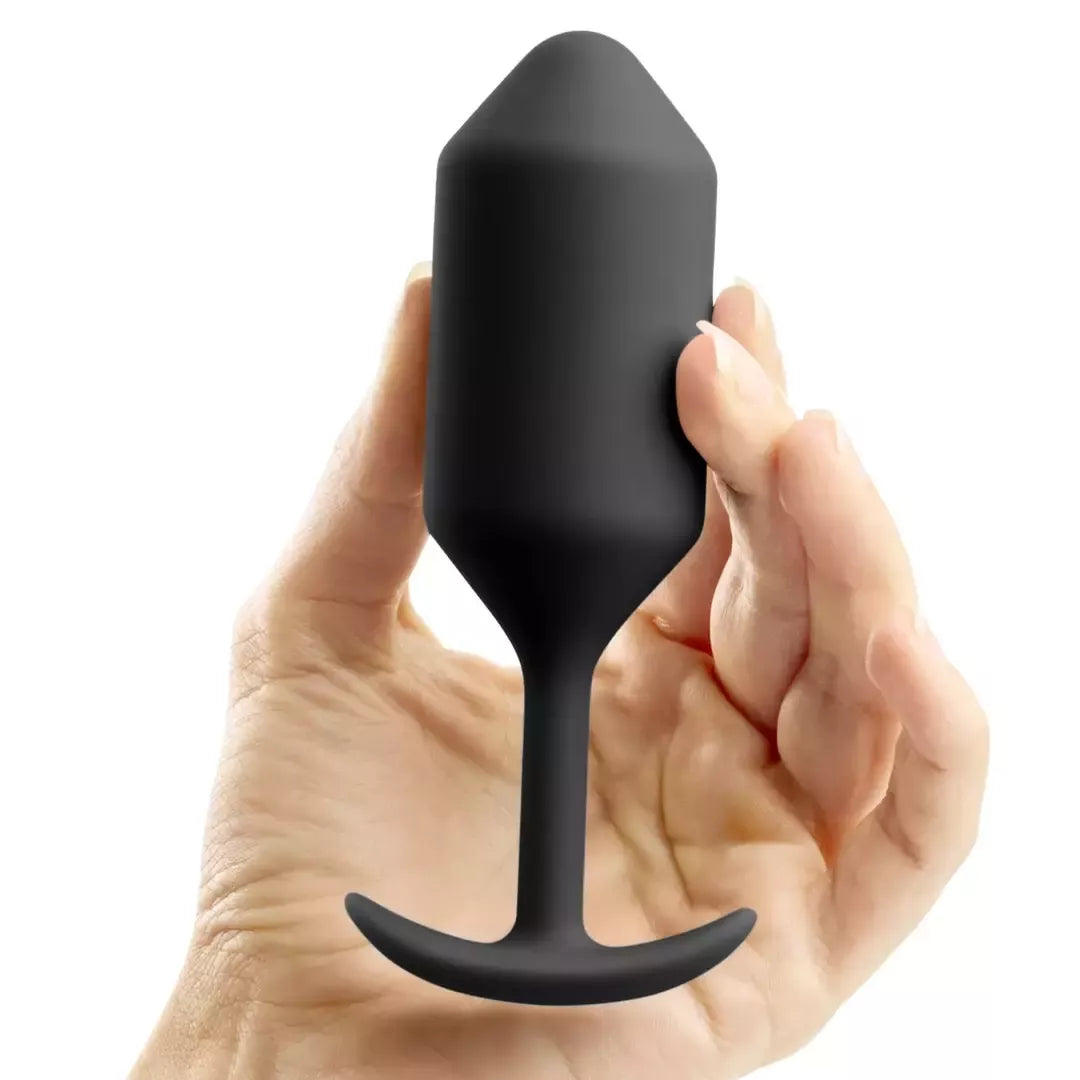 B-Vibe Snug Plug 3 juodos spalvos analinis kamštis su svoriu, silikoninis, 180g, 3,6x12,7 cm