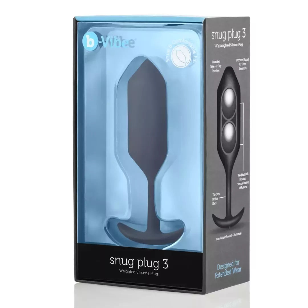 B-Vibe Snug Plug 3 juodos spalvos analinis kamštis su svoriu, silikoninis, 180g, 3,6x12,7 cm