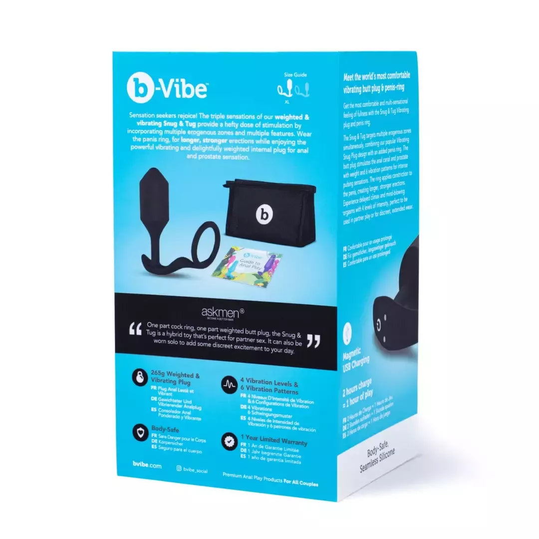 B-Vibe Snug & Tug XL vibruojantis silikoninis žiedas ir sunkus analinis kaištis