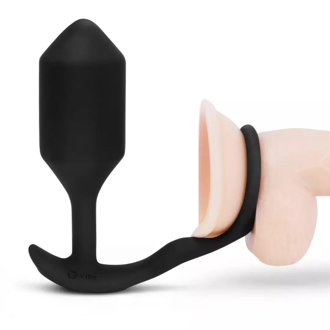 B-Vibe Snug & Tug XL vibruojantis silikoninis žiedas ir sunkus analinis kaištis