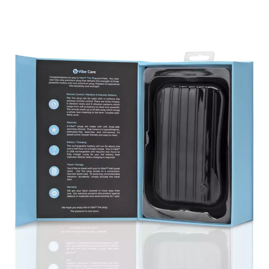b-Vibe Trio Plug Black – vidutinio dydžio intymi sistema, 3 varikliukai, nuotolinio valdymo pultas