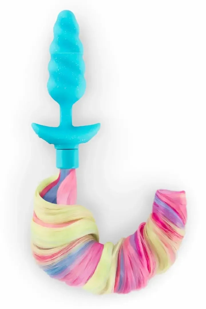 b-Vibe Unicorn Plug vibruojantis modelis su nuimama vaivorykštine uodega, vidutinis dydis