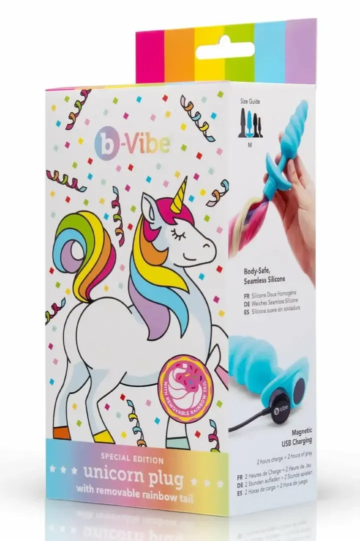 b-Vibe Unicorn Plug vibruojantis modelis su nuimama vaivorykštine uodega, vidutinis dydis