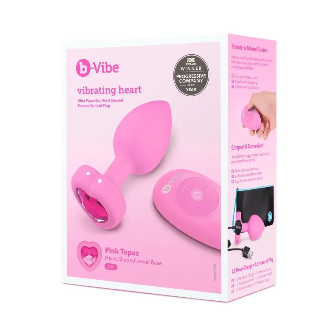 b-Vibe Vibrating Heart Plug S/M Pink - Nuotolinis valdymas, 15 režimų