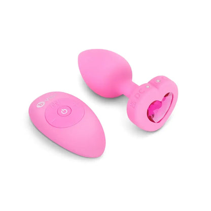 b-Vibe Vibrating Heart Plug S/M Pink - Nuotolinis valdymas, 15 režimų