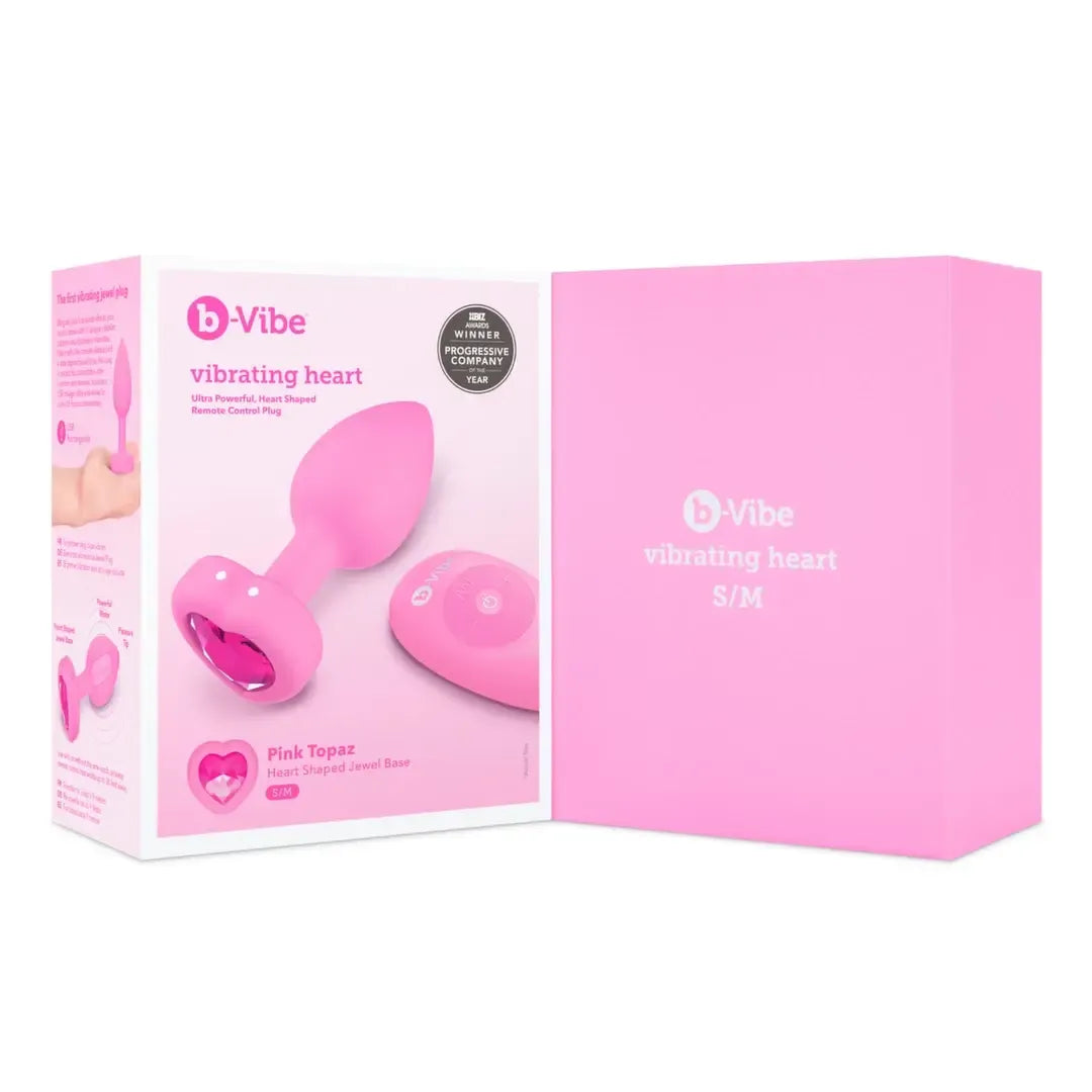 b-Vibe Vibrating Heart Plug S/M Pink - Nuotolinis valdymas, 15 režimų