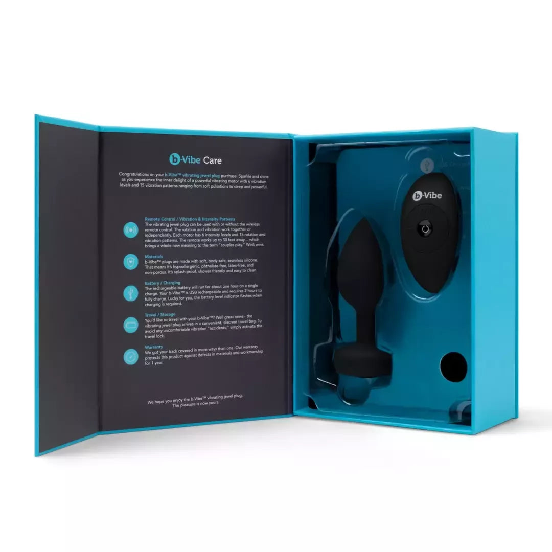 b-Vibe Vibrating Jewel Plug M/L Black Diamond – silikoninis, 15 režimų