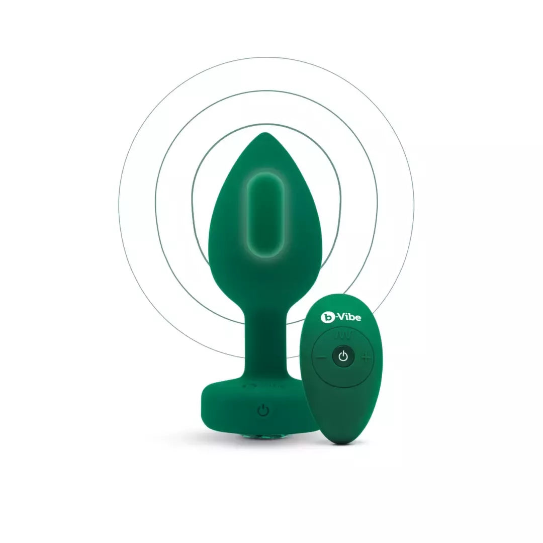 b-Vibe Vibrating Jewel Plug M/L Emerald – silikoninis, 15 režimų, įkraunamas USB