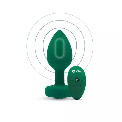 b-Vibe Vibrating Jewel Plug M/L Emerald – silikoninis, 15 režimų, įkraunamas USB