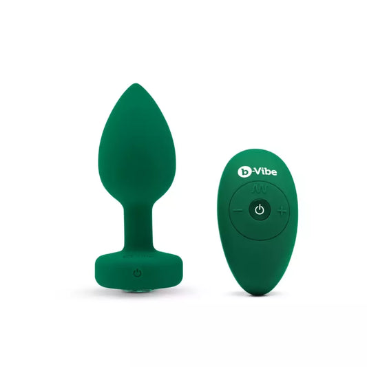 b-Vibe Vibrating Jewel Plug M/L Emerald – silikoninis, 15 režimų, įkraunamas USB