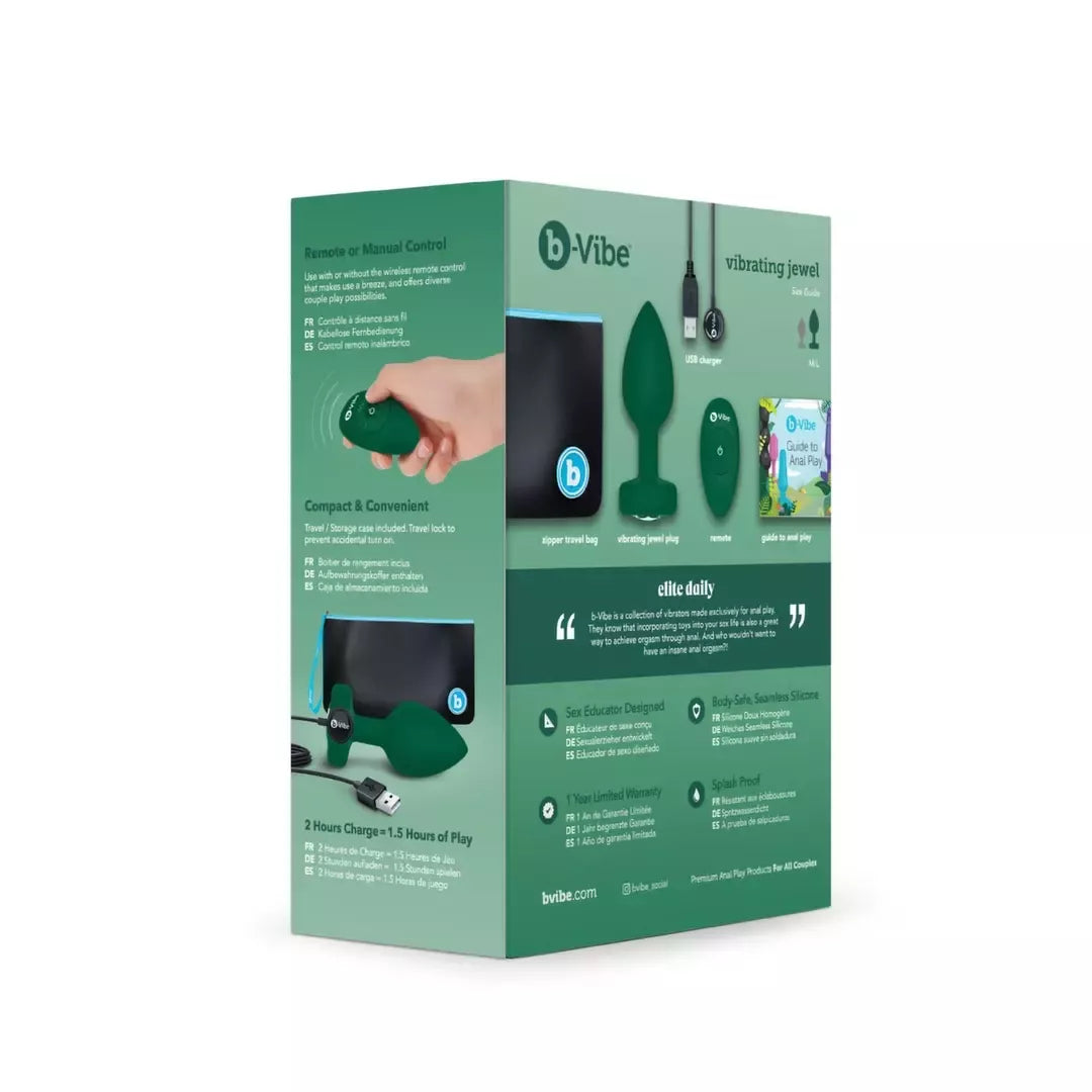 b-Vibe Vibrating Jewel Plug M/L Emerald – silikoninis, 15 režimų, įkraunamas USB