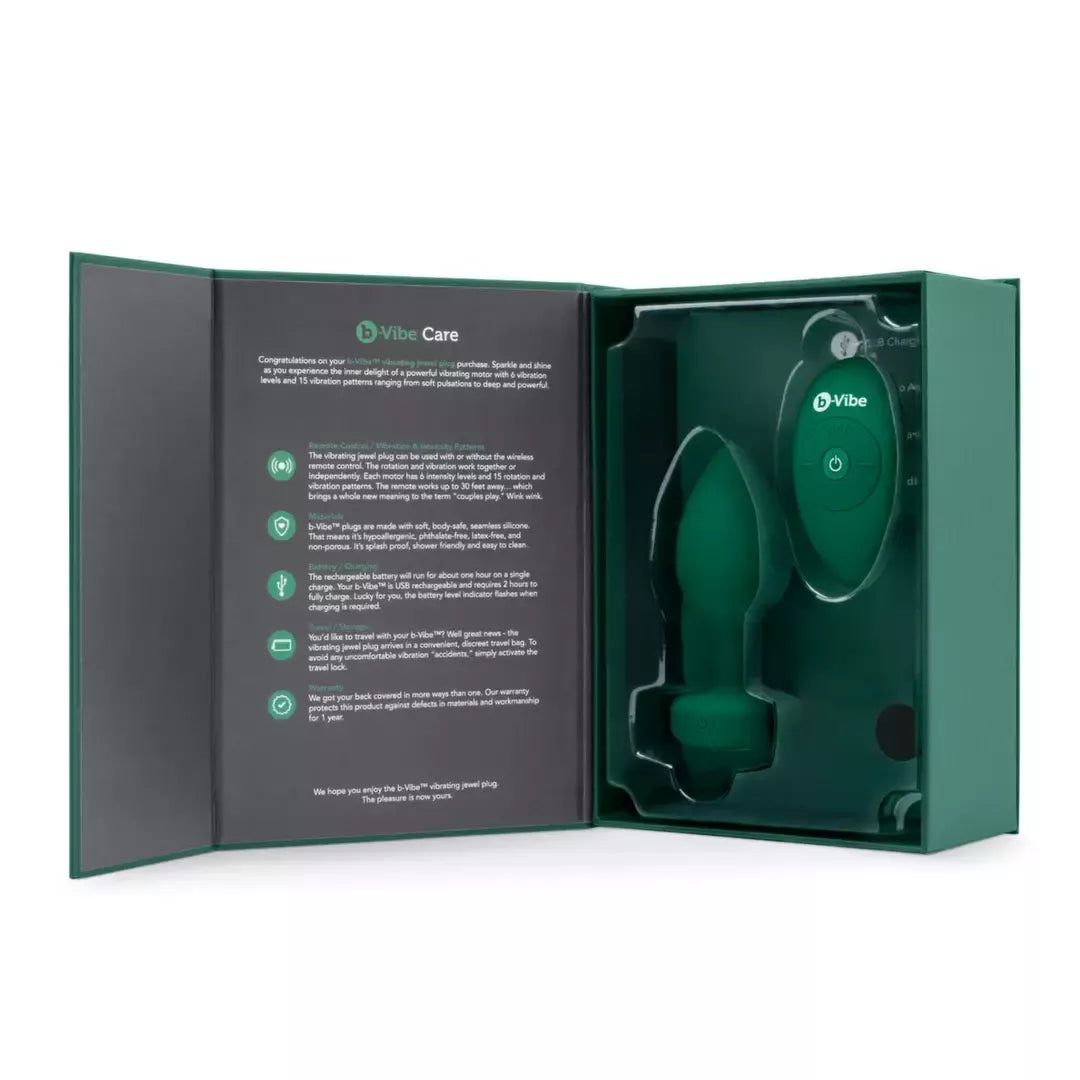 b-Vibe Vibrating Jewel Plug M/L Emerald – silikoninis, 15 režimų, įkraunamas USB